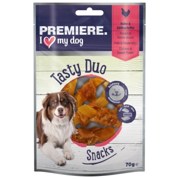 Verpackung für Hundeleckerlis mit einem braun-weißen Hund, beschriftet mit "Premiere. Ich liebe meine Hund Leckereien Duo Snacks" mit Huhn- und Süßkartoffelgeschmack.