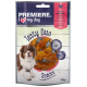 Emballage de friandises pour chien avec un chien marron et blanc, étiqueté "Premiere. J'aime mes friandises Duo Savoureux" avec saveur de poulet et de patate douce.