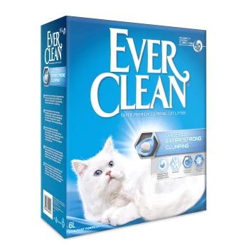 Extra Strong Clumping Katzenstreu, ohne Duft 6 l Eine blaue Box von Ever Clean super premium klumpendem Katzenstreu mit einer weißen Katze, die nach oben schaut. Der Text hebt hervor, dass es duftfrei und extra stark klumpend ist.