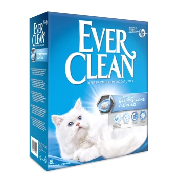 Eine blaue Box von Ever Clean super premium klumpendem Katzenstreu mit einer weißen Katze, die nach oben schaut. Der Text hebt hervor, dass es duftfrei und extra stark klumpend ist.