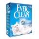 Une boîte bleue de litière pour chat Ever Clean super premium agglomérante avec un chat blanc regardant vers le haut. Le texte met en avant qu'elle est sans parfum et à agglomération extra forte.