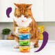Un chat tigré orange inspecte curieusement une pile de quatre boîtes de nourriture pour animaux colorées étiquetées "Poulet," "Saumon," "Agneau," et "Dinde."