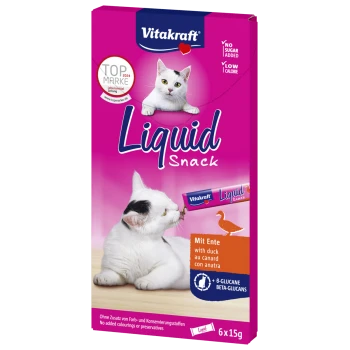 Vitakraft Liquid Snack Katzenleckerlis mit weißer Katze; Aufdruck: 'Liquid Snack', 'Mit Ente / with duck', 'Ohne Zuckerzusatz', 6×15 g.
