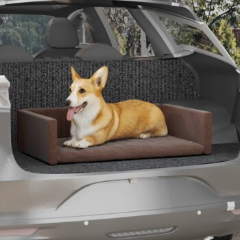 Ein glücklicher Corgi liegt auf einem plüschigen Hundebett im hinteren Teil eines Autos, mit einem grauen strukturierten Hintergrund und einer malerischen Aussicht draußen.