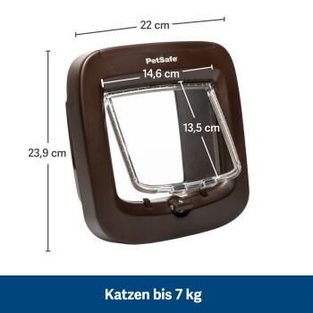 Braune Katzenklappe mit abgemessenen Dimensionen: 22 cm Breite, 23,9 cm Höhe, 14,6 cm Öffnungsbreite, 13,5 cm Öffnungshöhe; Text 'Katzen bis 7 kg.'