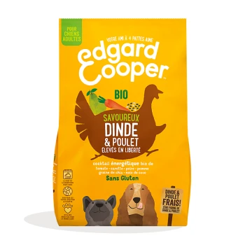 Emballage de nourriture pour chien de la marque Edgard Cooper, avec un fond jaune vif, mettant en avant "SAVOUREUX DINDE & POULET" et des illustrations de chiens.