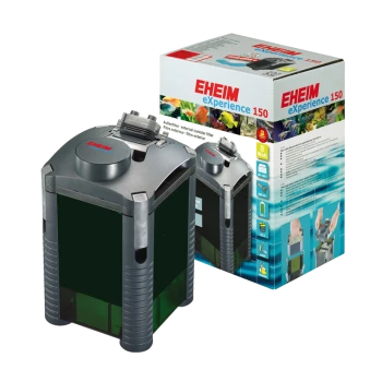 EHEIM experience 150 Außenfilter mit einem grünen Tank neben seiner bunten Verpackung und Gebrauchsanweisung.