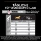 Tägliche Fütterungsempfehlung für Hunde mit Aktivitätslevel und Gewicht, inklusive Portionsrechner-Hinweis und Fütterungsrichtwerte.