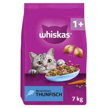 Lila Whiskas 1+ Katzenfutterbeutel mit grauer Katze und Schüssel mit Trockenfutter; Text 'whiskas', '1+', 'Mit herrlichem THUNFISCH', '7 kg'