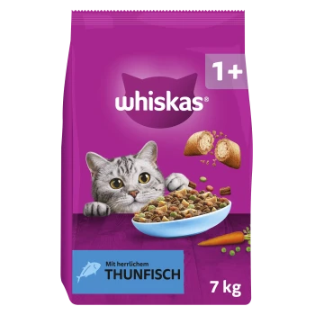 Lila Whiskas 1+ Katzenfutterbeutel mit grauer Katze und Schüssel mit Trockenfutter; Text 'whiskas', '1+', 'Mit herrlichem THUNFISCH', '7 kg'