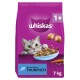 Lila Whiskas 1+ Katzenfutterbeutel mit grauer Katze und Schüssel mit Trockenfutter; Text 'whiskas', '1+', 'Mit herrlichem THUNFISCH', '7 kg'