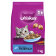 Lila Whiskas 1+ Katzenfutterbeutel mit grauer Katze und Schüssel mit Trockenfutter; Text 'whiskas', '1+', 'Mit herrlichem THUNFISCH', '7 kg'