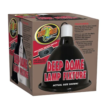 Schwarze Lampenfassung mit der Aufschrift "DEEP DOME LAMP FIXTURE" und aufgelisteten Funktionen, einschließlich eines Ein/Aus-Schalters und Kompatibilitätsdetails.