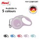 Purple retractable dog leash with a white "NEW COMFORT" handle, available in 5 colors, shown with black, blue, red, and light blue.