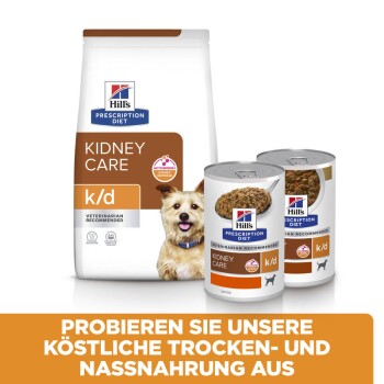 Hill's Prescription Diet Kidney Care k/d Trockenfutterbeutel und zwei Dosen Nassfutter, mit Text, der die Produkte auf Deutsch bewirbt.