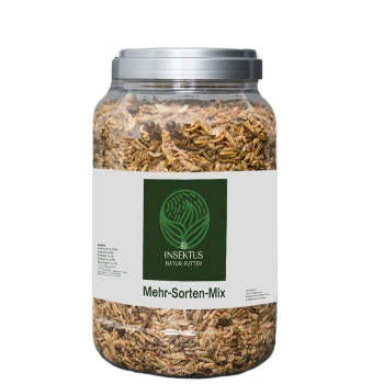Ein klares Glas gefüllt mit einer Mischung aus insektengestütztem Haustierfutter, beschriftet mit "Mehr-Sorten-Mix" und dem Logo "INSEKTUS NATUR-FUTTER" auf der Vorderseite.