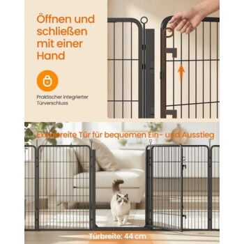 Metall-Tierschutzgitter mit integrierter Einhandverriegelung, die von einer Hand geöffnet wird; Katze passiert den Durchgang; deutscher Text: „Türbreite: 44 cm“