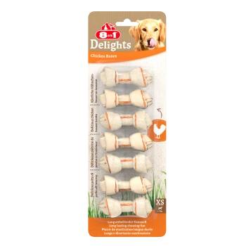 Packung mit 8 Hühnergeschmack Hundefüßen, gekennzeichnet mit "8in1 Delights", mit mehrsprachigen Beschreibungen und einem Größenindikator für kleine Hunde.