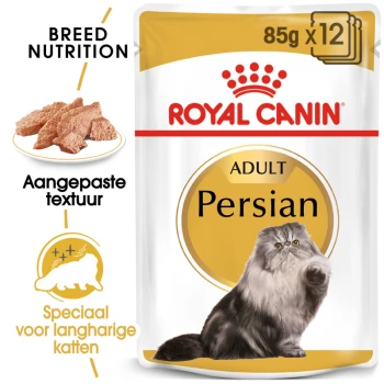 Verpakking van Royal Canin Adult Persian kattenvoer, met een fluffy Perzische kat, met tekst die de voeding voor het ras en de op maat gemaakte textuur benadrukt.