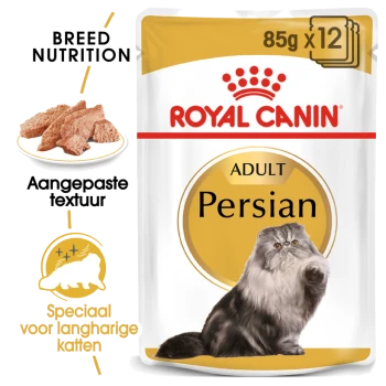 Verpakking van Royal Canin Adult Persian kattenvoer, met een fluffy Perzische kat, met tekst die de voeding voor het ras en de op maat gemaakte textuur benadrukt.