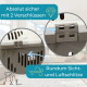 Beiger Tierträger mit zwei 'PRESS'-Verschlüssen und Lüftungsschlitzen; sichtbarer deutscher Text: 'Absolut sicher mit 2 Verschlüssen' und 'Rundum Sicht- und Luftschlitze'.