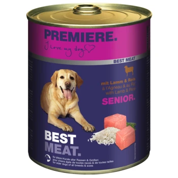 Best Meat Senior Lamm und Reis 6x800 g Dosen-Hundefutter mit der Aufschrift "Premiere" und einem rosa Deckel, mit einem Hund und dem Text "Bestes Fleisch" und "Senior" mit Lamm- und Reis-Zutaten.