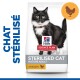 Sac de nourriture pour chats Hill's Science Plan avec un chat noir et blanc, étiqueté "Chat stérilisé adulte mature" avec saveur de poulet.