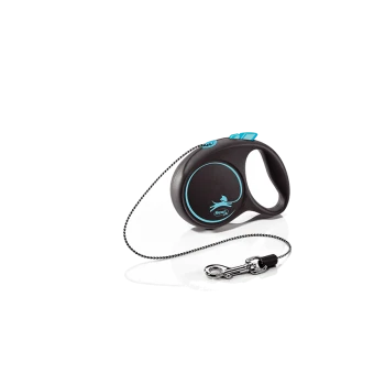 Une laisse de chien rétractable noire avec un accent turquoise, présentant un design circulaire et un clip en métal à l'extrémité.