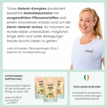 Lächelnde Frau neben deutscher Kundenmeinung zum 'Gelenk-Komplex', Produktbeuteln und '100% MADE IN IRLAND'.