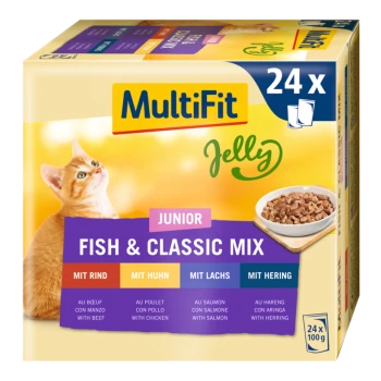 MultiFit Jelly Katzenfutterbox mit einem Junior-Fisch- und klassischen Mix mit 24 x 100g Portionen, einschließlich Geschmäckern: Rind, Huhn, Lachs und Hering.