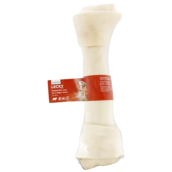 Natürlicher Hundekauknochen "Lecky" von Schweizer, 27-30 cm, mit rotem Etikett, das ein Hundebild und Produktdetails zeigt.