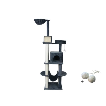 Kratzbaum mit mehreren Ebenen, Kratzpfosten, einem gemütlichen Versteck und einem hängenden Spielzeug, begleitet von zwei Seilbällen.