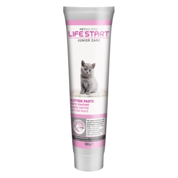Lifestart Kitten Paste 100 g Kitten paste tube featuring a gray kitten on the front, labeled "LIFESTART JUNIOR CARE" and "KITTEN PASTE," 100g.