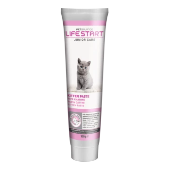 Kittenpaste-Röhre mit einem grauen Kätzchen auf der Vorderseite, beschriftet mit "LIFESTART JUNIOR CARE" und "KITTEN PASTE", 100g.