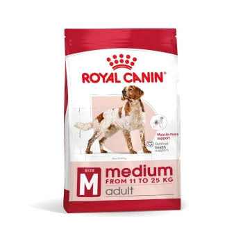 Royal Canin Medium Adult dog food bag, suitable for dogs weighing 11 to 25 kg, featuring a dog illustration and "Muscle mass support" claim.