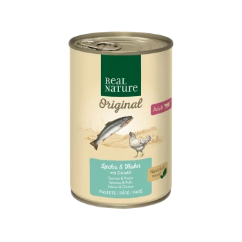 Dosen-Haustierfutter mit der Aufschrift "Real Nature Original" für Erwachsene, mit Lachs und Huhn und einer Illustration von Fisch und Huhn.