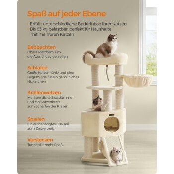 Ein beiger Katzenbaum mit zwei spielenden Katzen, mit mehreren Ebenen zum Beobachten, Schlafen, Kratzen und Verstecken. Unterstützt bis zu 83 kg.