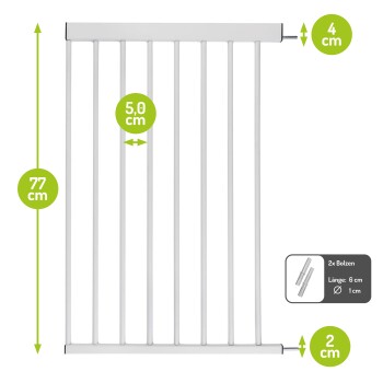 Weiße Haustiersicherheitsbarriere mit den Maßen: Höhe 77 cm, Breite zwischen den Stäben 5 cm und Basis 2 cm. Enthält Montagematerial.