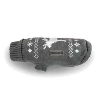 Grau gestrickter Hundepullover mit weißem Rentier- und Schneeflockenmuster und dem Label ‚WOLTERS‘.