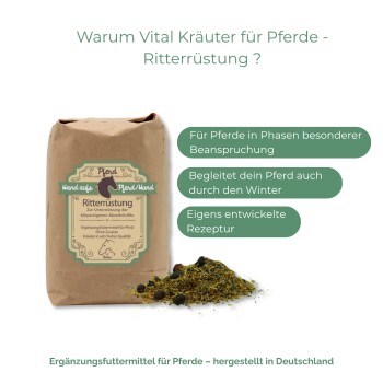 Braune Papiertüte des Kräuterzusatzmittels Ritterrüstung für Pferde mit losen Kräutern daneben und deutschem Text zu den Vorteilen.