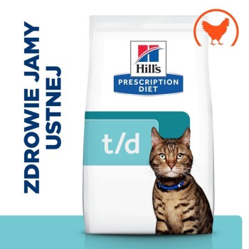 Torba z karmą dla kotów Hill's Prescription Diet t/d z tabby kotem w niebieskiej obroży, oznaczona jako "Zdrowie Jamy Ustnej."