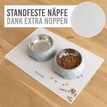 Graue Futternäpfe für Haustiere auf einer weißen Matte, mit Trockenfutter in einem Napf und verstreuten Stücken in der Nähe; der Text lautet 'Standfeste Näpfe dank extra Noppen.'