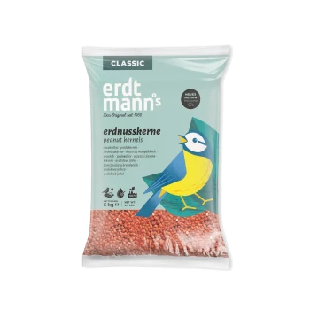 Sack Erdtmann's Classic Erdnusskerne für Vögel, 5 kg, mit einer blauen und gelben Vogelillustration auf der Verpackung.