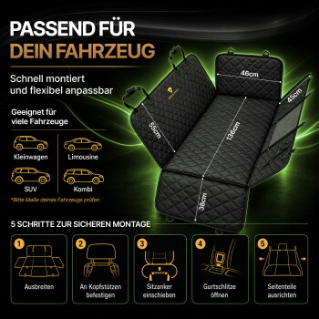 Gesteppte schwarze Autositzauflage für Haustiere mit Maßen (136 cm, 55 cm, 46 cm, 45 cm, 38 cm); deutsche Überschrift 'PASSEND FÜR DEIN FAHRZEUG'.