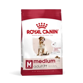 Medium Adult 7+ 4 kg Royal Canin Medium Adult 7+ Hundefutterbeutel, mit einem Golden Retriever, mit Text, der die Unterstützung der Muskelmasse und optimale Vitalität hervorhebt.