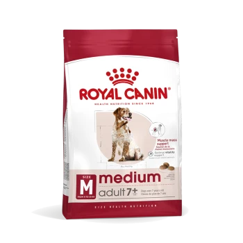 Royal Canin Medium Adult 7+ Hundefutterbeutel, mit einem Golden Retriever, mit Text, der die Unterstützung der Muskelmasse und optimale Vitalität hervorhebt.