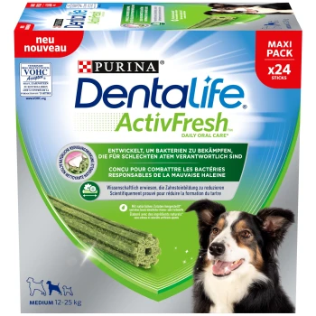 Purina Dentalife ActivFresh tägliche Zahnpflege, Maxi-Pack mit 24 Sticks für Hunde (mittelgroß 12-25 kg), entwickelt zur Bekämpfung von Bakterien, die schlechten Atem verursachen.