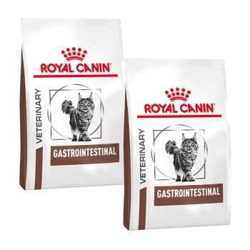 Deux sacs de nourriture pour chats Royal Canin Veterinary Gastrointestinal, présentant une illustration de chat et le logo de la marque affiché en évidence.