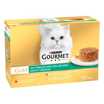 Boîte de nourriture pour chats Purina Gourmet Gold montrant un chat à poil long blanc, une assiette de pâté, textes «GOURMET», «Gold», «LES TIMBALES AVEC DES LÉGUMES», 12×85 g