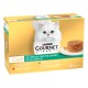 Boîte de nourriture pour chats Purina Gourmet Gold montrant un chat à poil long blanc, une assiette de pâté, textes «GOURMET», «Gold», «LES TIMBALES AVEC DES LÉGUMES», 12×85 g